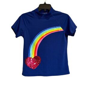 Lands End Rash Guard Swim Shirt Blue Girls XL16 Rainbow Heart Pride Short Sleeve